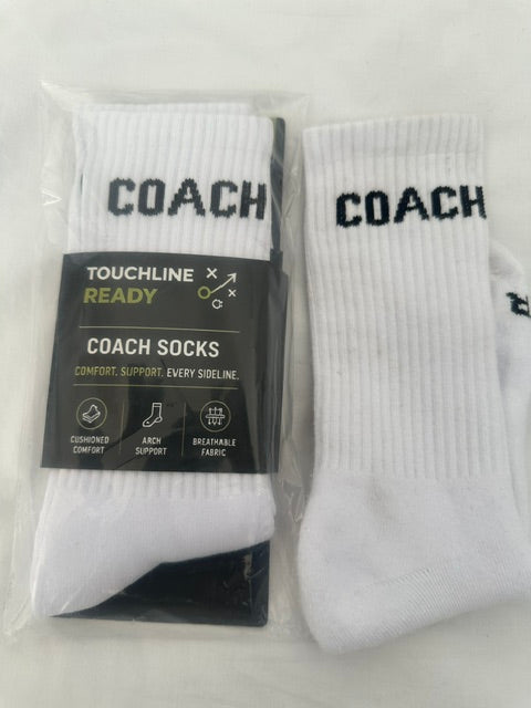 Touchline Ready Coach Socks packaging — navy, white and black grassroots football gift