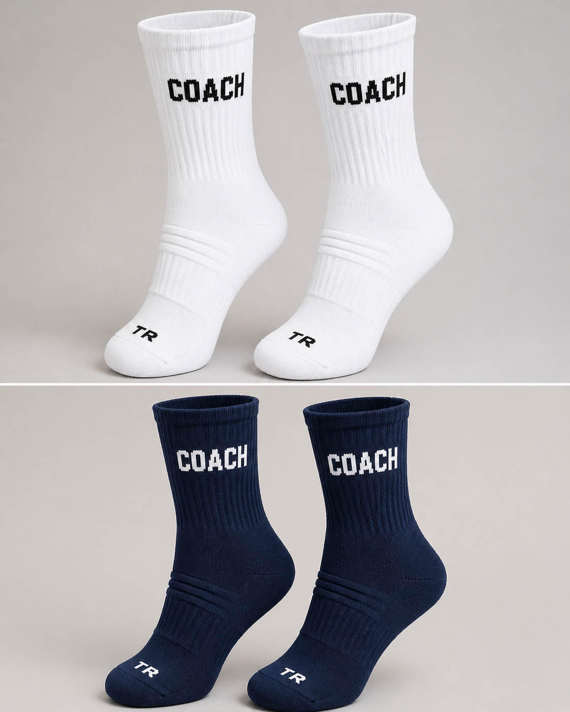 White and navy Coach socks for grassroots sports coaches — Touchline Ready gift